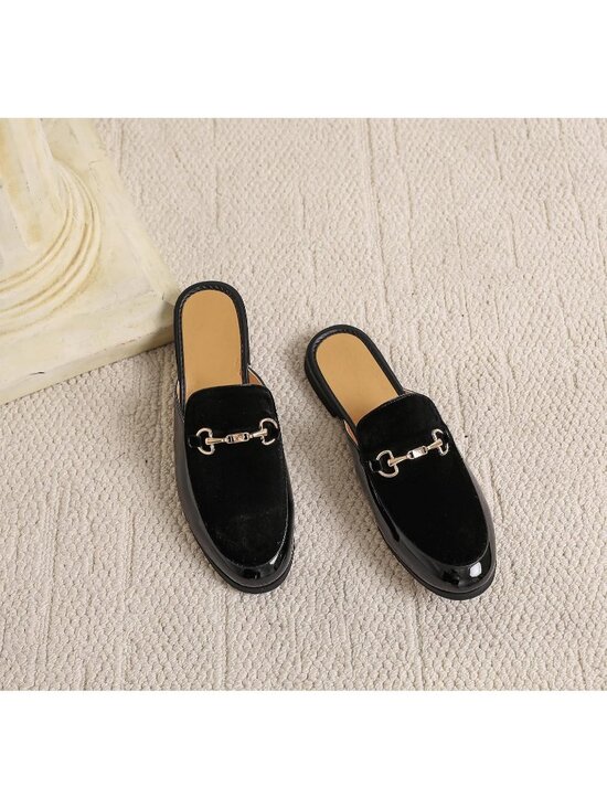 Men\'s Black Rubber Velvet Patent Leather Gold Buckle Slip On Loafer Slippers
